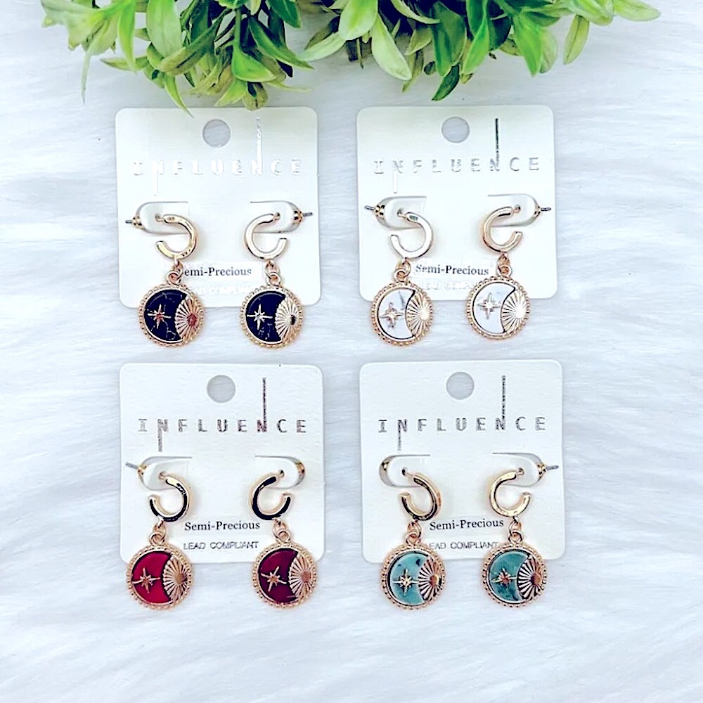 NWT Anthro Celestial Star Moon Gold Huggie Hoop Earrings Semi-Precious Red